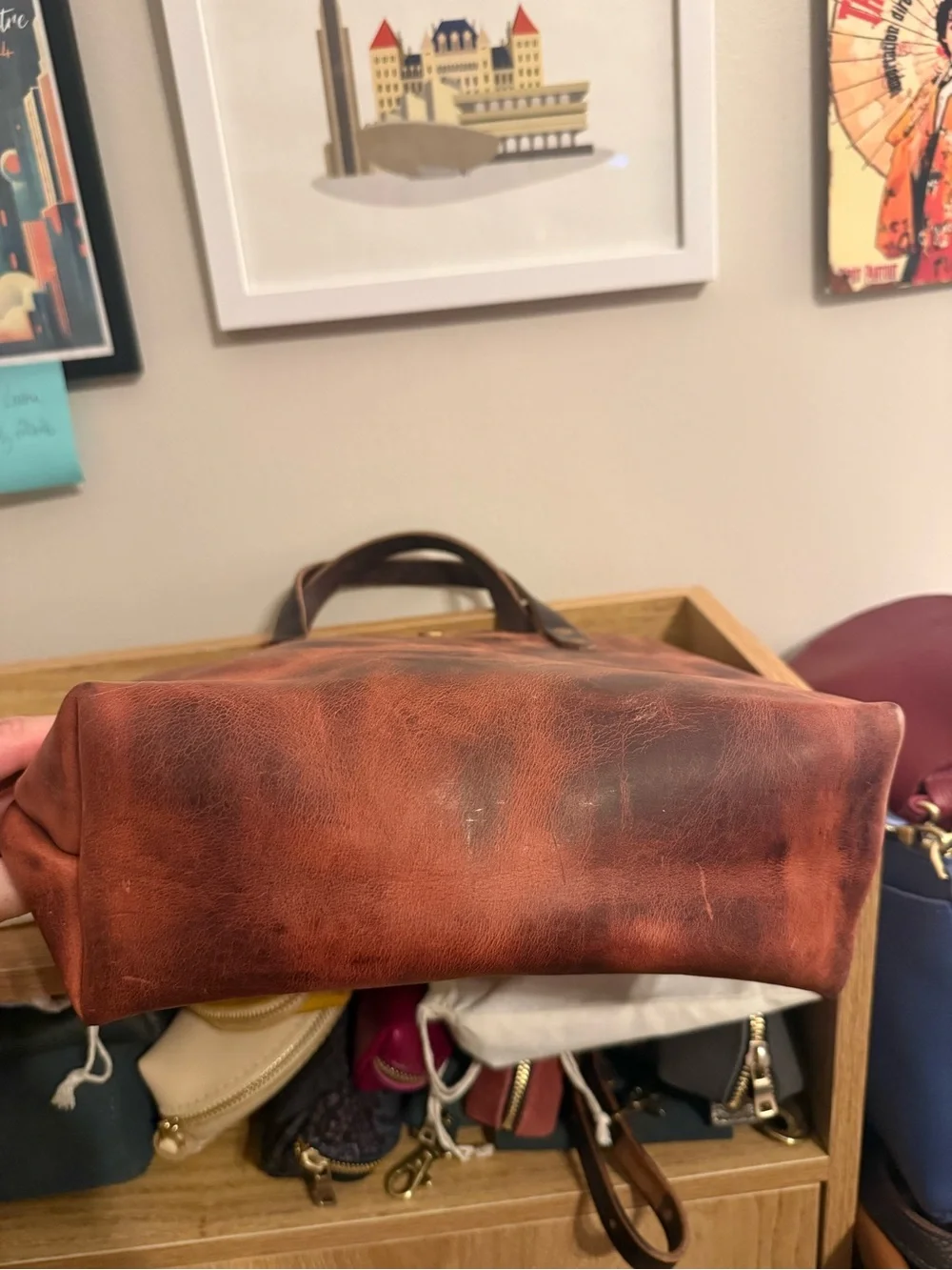Classic Distressed Brown Leather Crossbody Tote
